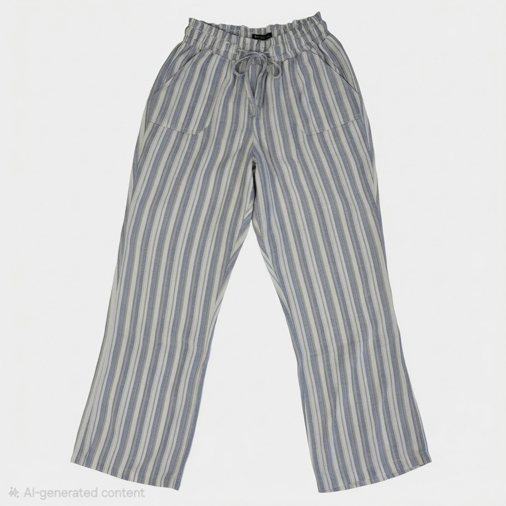 ReWash L Linen-Blend Drawstring Pants Lightweight Striped Relaxed Blue & Cream